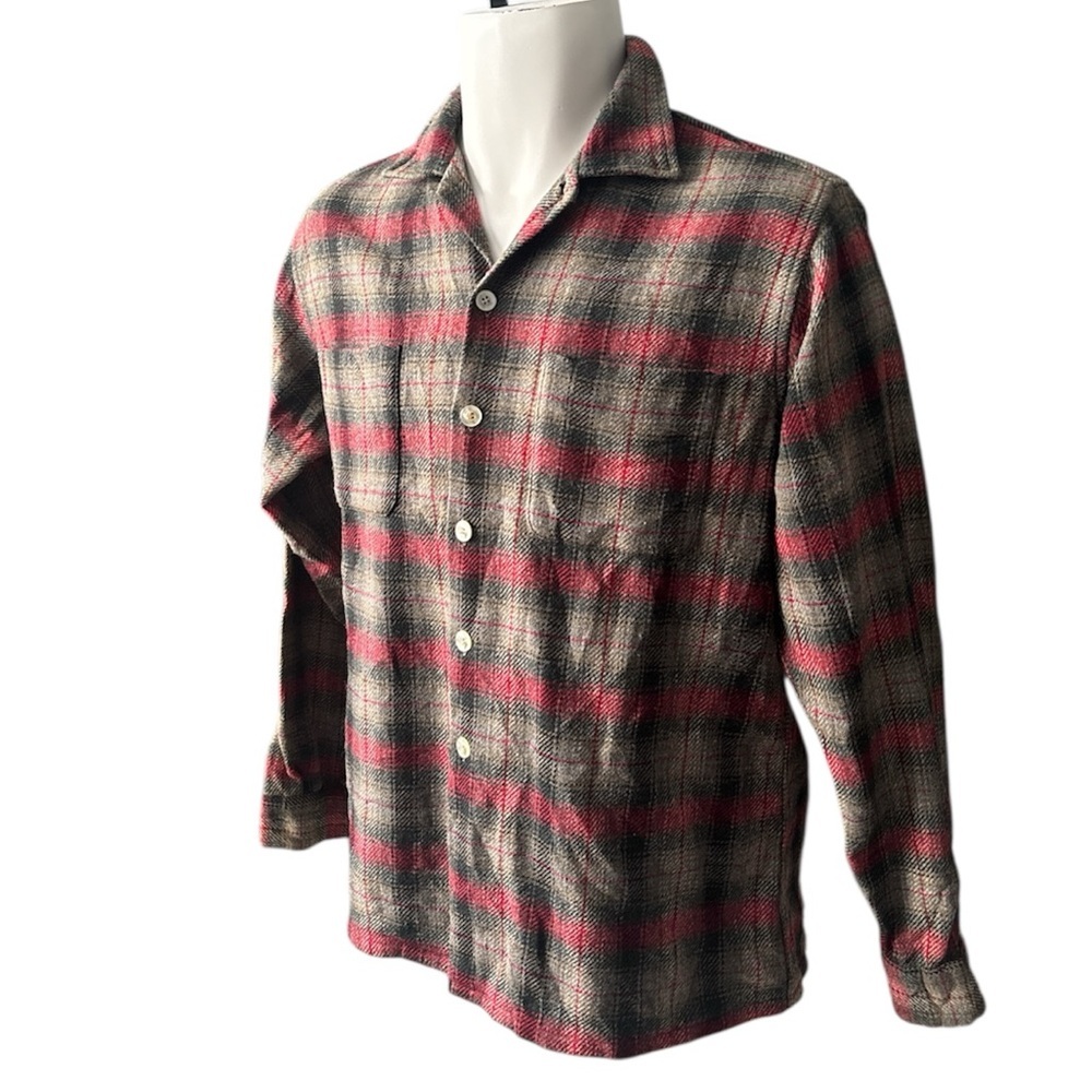 VINTAGE 60s Puritan Washable Wool Plaid Flannel Shirt M Red Gray Rockabilly - Picture 3 of 8
